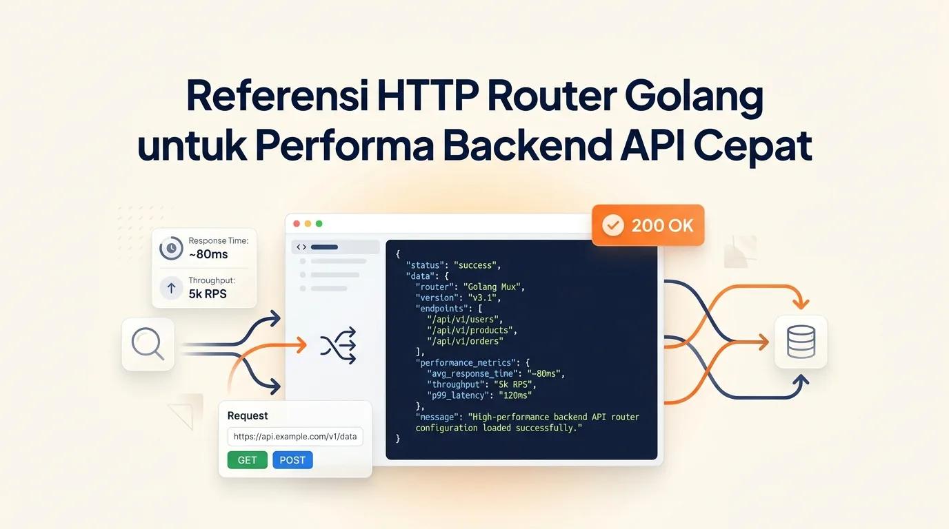 Cover Referensi HTTP Router Golang menampilkan mockup editor kode dan metrik respons API yang cepat