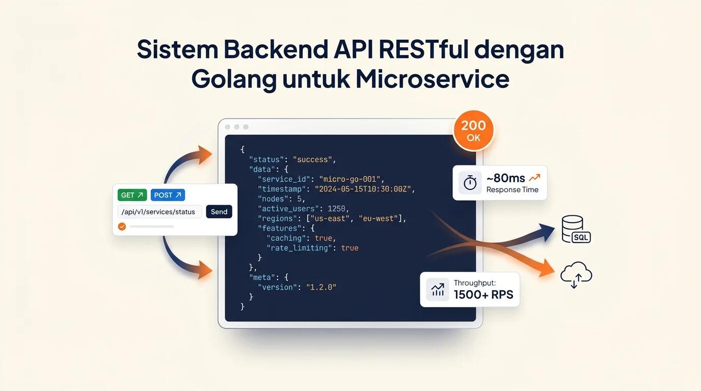 Cover Sistem Backend API RESTful menampilkan mockup editor kode dengan respons JSON dan badge status HTTP