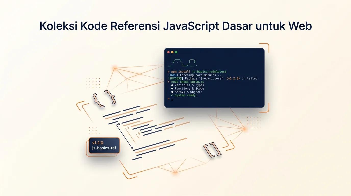 Cover Referensi JavaScript menampilkan abstrak snippet kode dan mockup terminal dengan aksen warna oranye