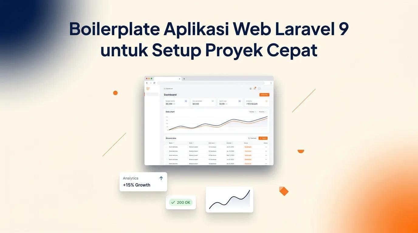 Cover Boilerplate Laravel 9 menampilkan mockup dashboard analitik dan elemen antarmuka web modern
