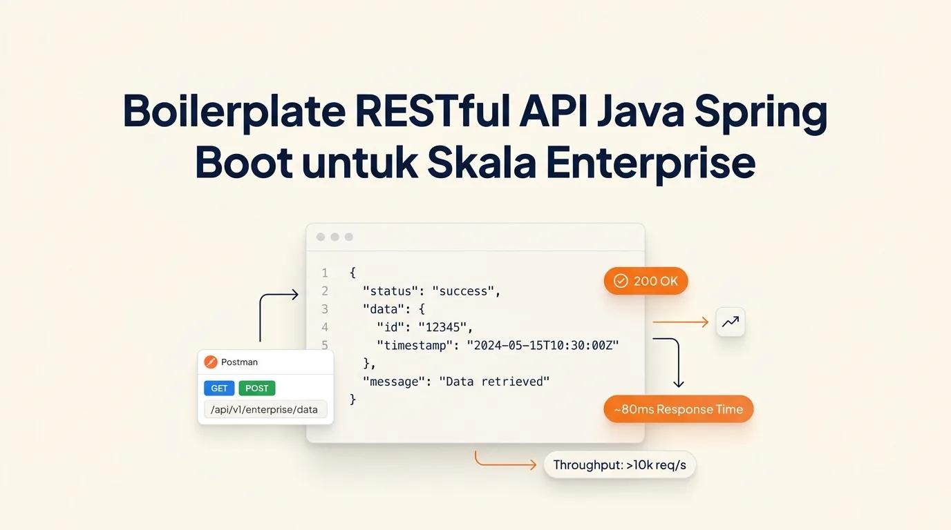 Cover Boilerplate RESTful API menampilkan mockup code editor dengan respons JSON dan elemen visual status 200 OK