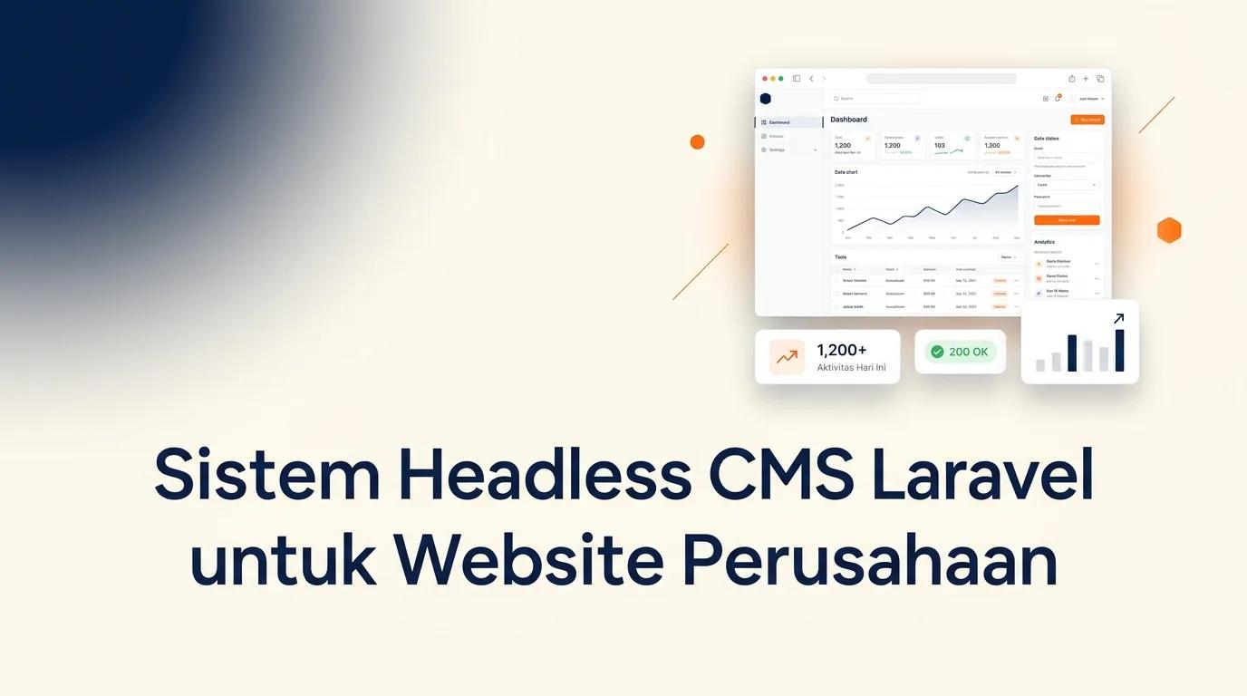 Cover Sistem Headless CMS menampilkan mockup dashboard admin panel dan elemen analitik data