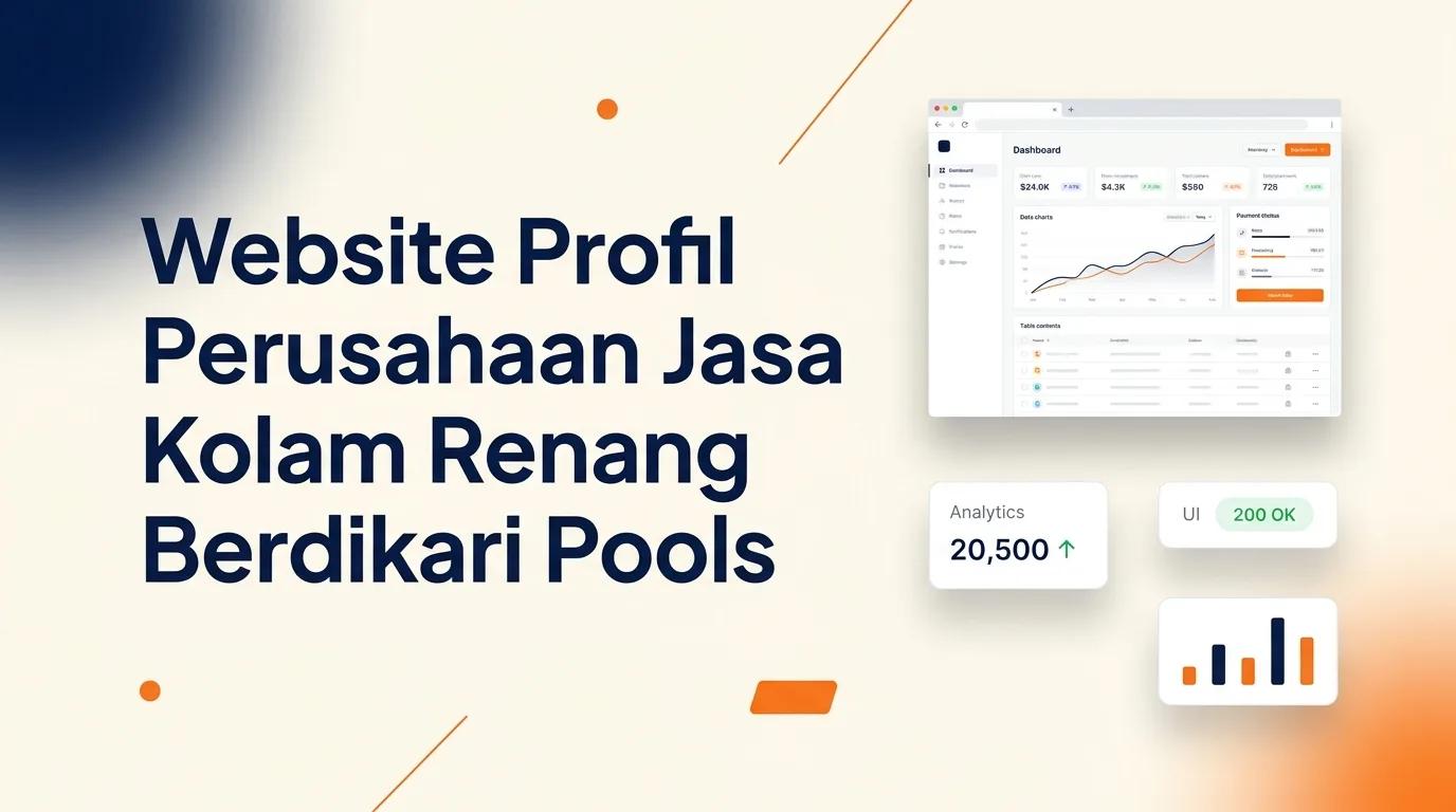 Cover Website Profil Perusahaan Jasa Kolam Renang menampilkan mockup browser dengan antarmuka halaman layanan dan galeri proyek