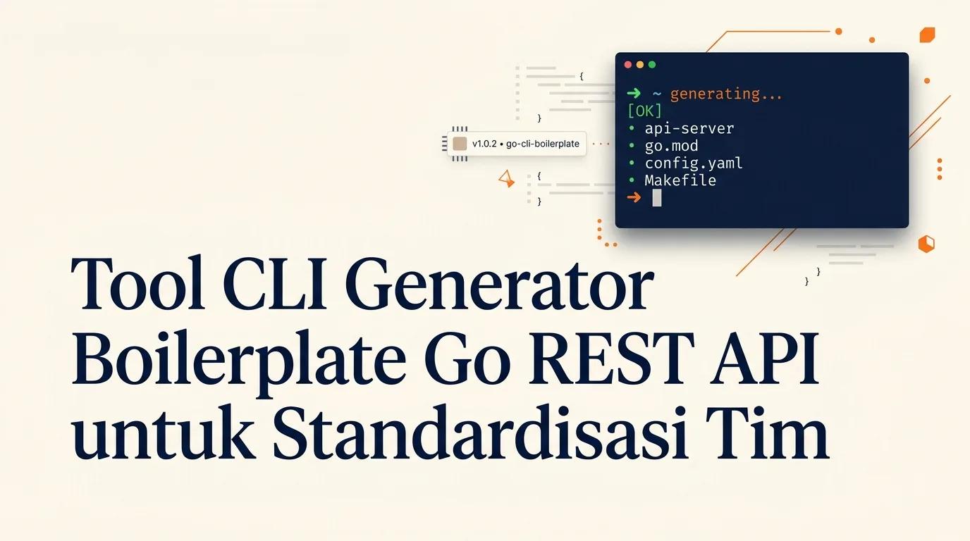 Cover Tool CLI Generator menampilkan mockup terminal dengan output command line dan elemen kode abstrak