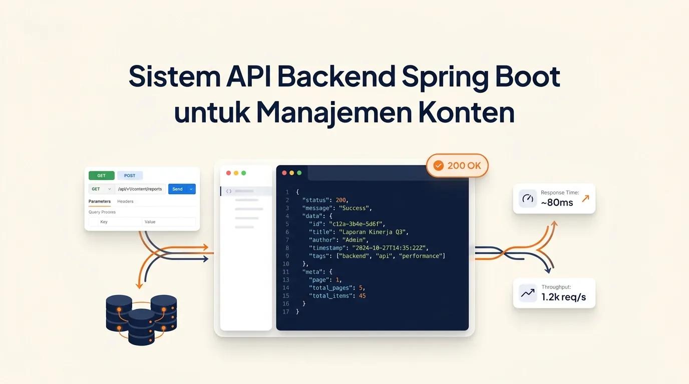 Cover Sistem API Backend menampilkan mockup editor kode dengan respons JSON dan badge status 200 OK.