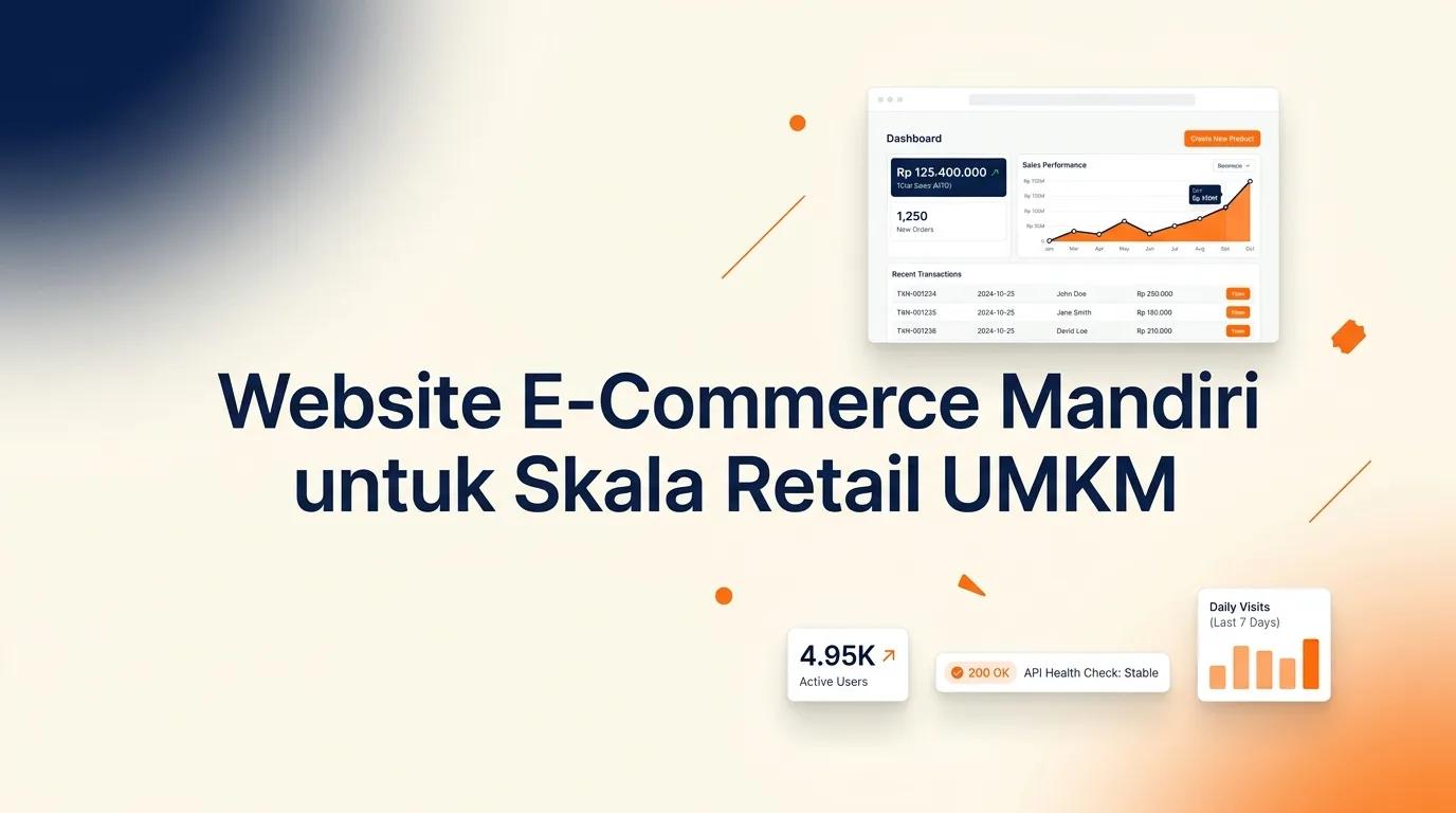 Cover Website E-Commerce menampilkan mockup browser dengan antarmuka toko online dan dashboard analitik