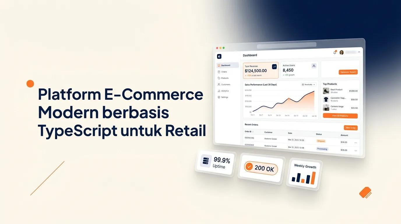 Cover Platform E-Commerce menampilkan mockup antarmuka toko online modern dan analitik penjualan