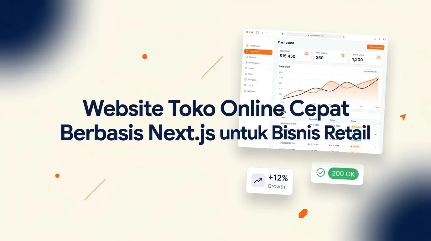 Cover Website Toko Online menampilkan mockup browser dengan antarmuka e-commerce modern dan elemen analitik