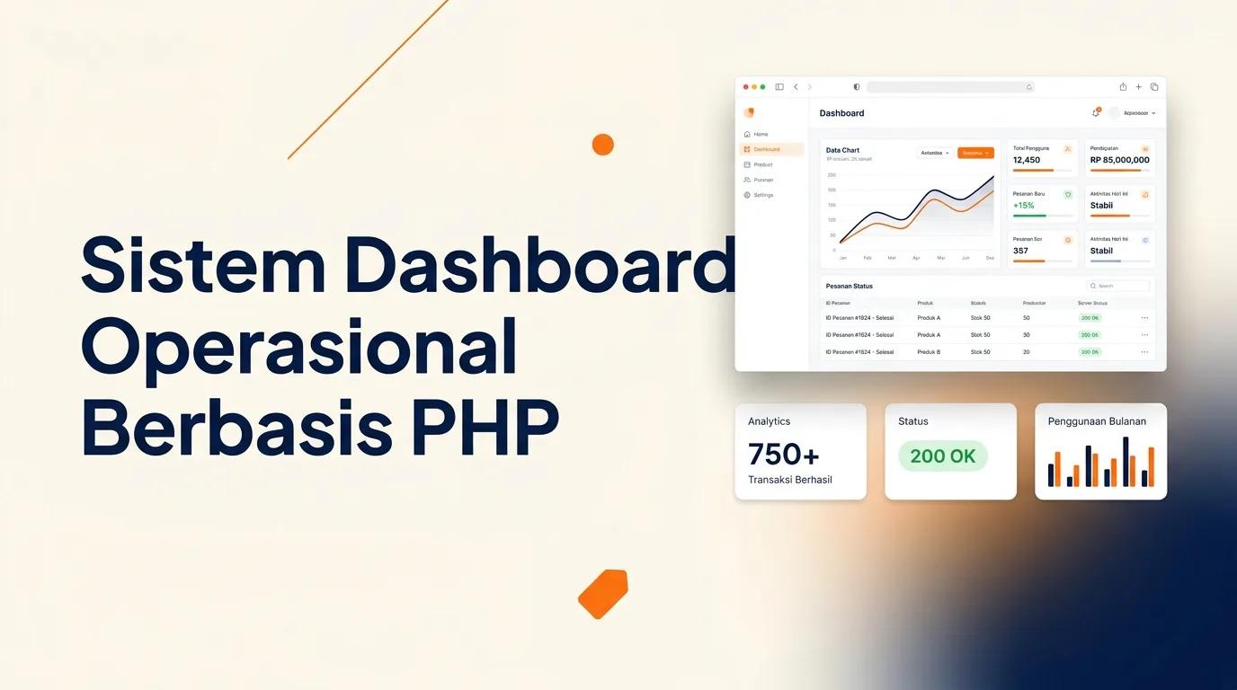 Cover Sistem Dashboard Operasional menampilkan mockup antarmuka panel admin dengan grafik analitik dan tabel data.