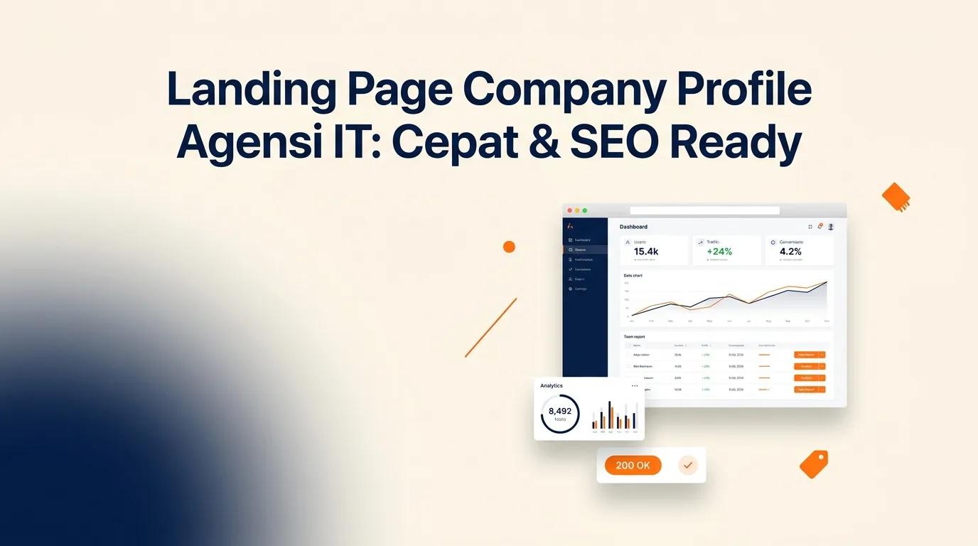 Cover Landing Page Company Profile menampilkan mockup browser dengan antarmuka website modern dan metrik performa
