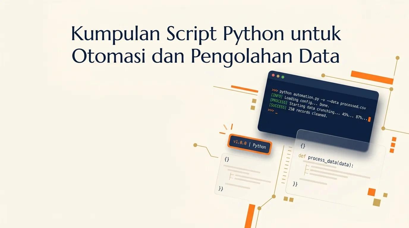 Cover Kumpulan Script Python menampilkan mockup terminal dengan cuplikan kode dan elemen geometris oranye