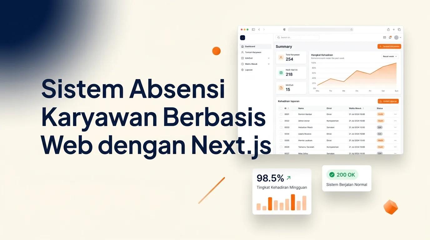 Cover Sistem Absensi Karyawan menampilkan mockup dasbor analitik web dengan kartu data dan grafik tren kehadiran