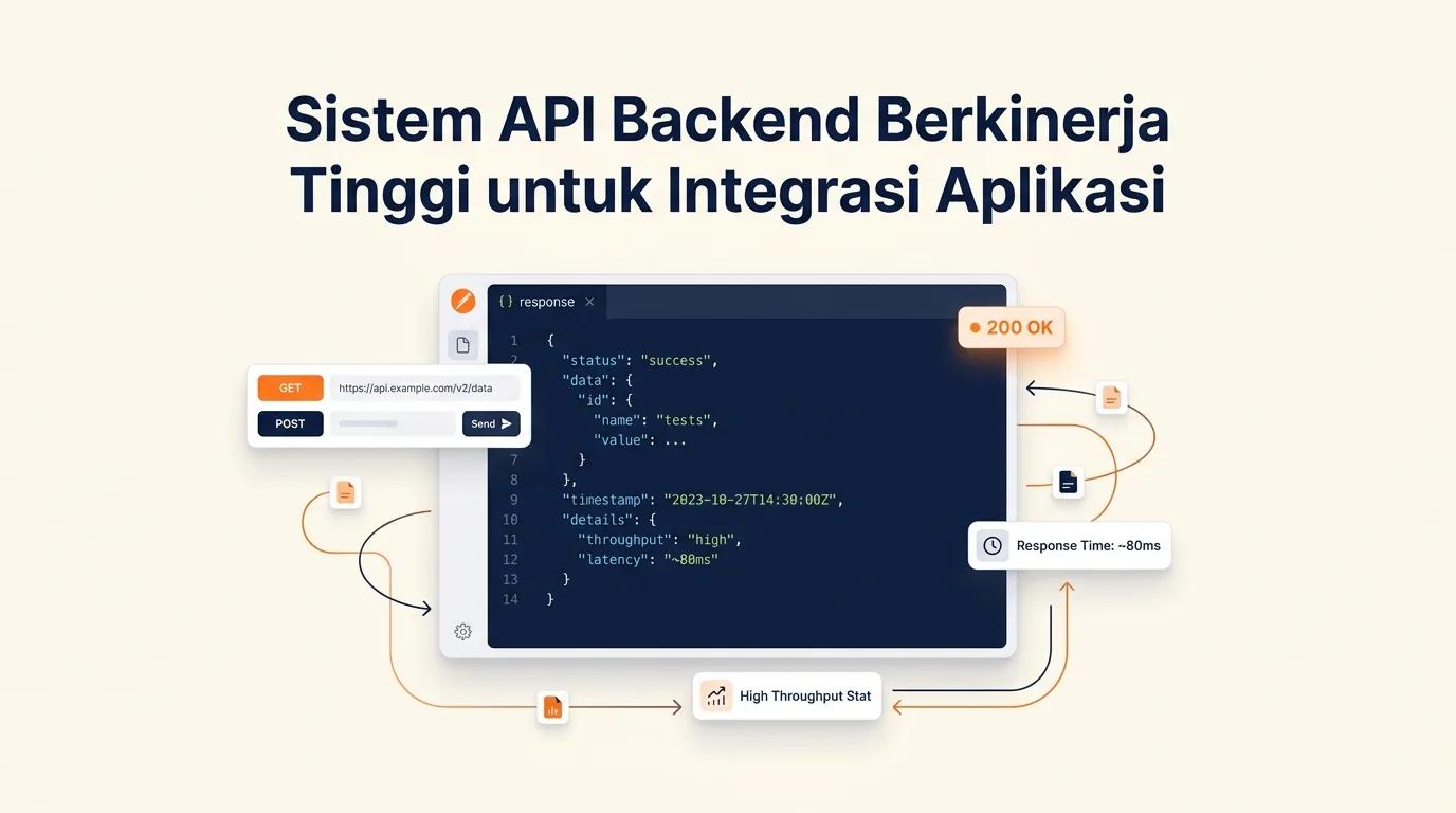 Cover Sistem API Backend menampilkan mockup editor kode dengan respons JSON dan elemen metrik performa