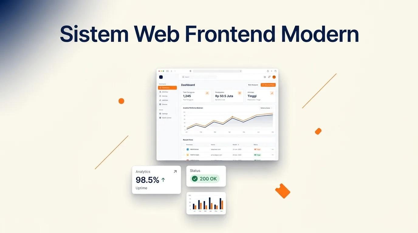 Cover Sistem Web Frontend Modern menampilkan mockup browser dengan antarmuka dashboard bersih dan elemen analitik