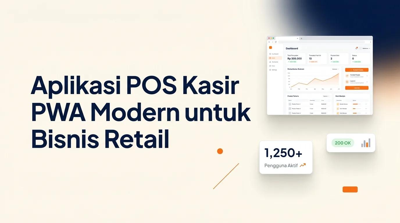Cover Aplikasi POS Kasir PWA menampilkan mockup antarmuka kasir modern di layar tablet dan smartphone