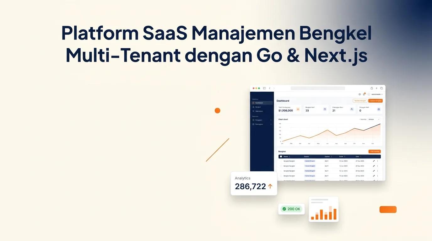 Cover Platform SaaS Bengkel menampilkan dasbor analitik dan mockup antarmuka manajemen cabang bengkel multi-tenant