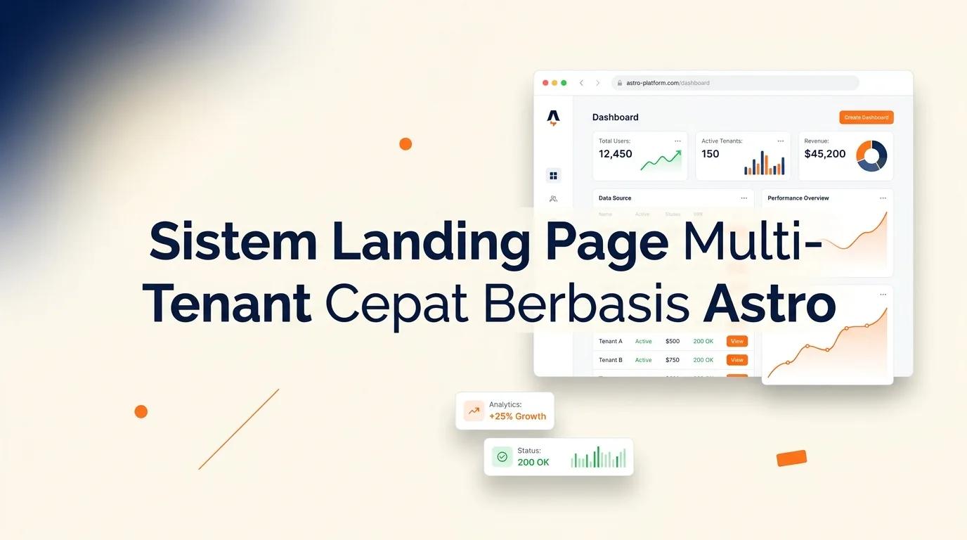 Cover Sistem Landing Page menampilkan mockup browser dengan UI modern dan elemen analitik untuk multi-tenant