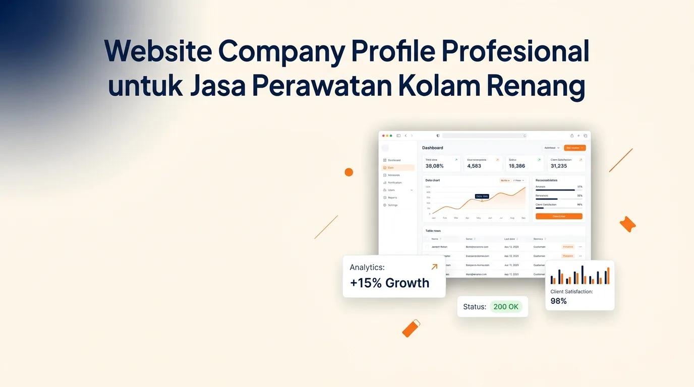 Cover website jasa perawatan kolam renang menampilkan mockup browser dengan antarmuka halaman profil bisnis yang modern