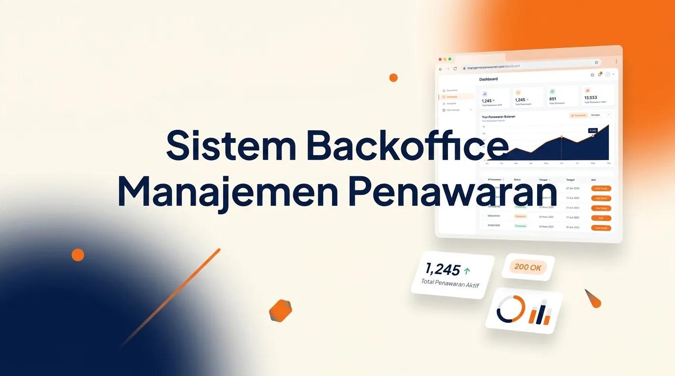 Cover Sistem Backoffice Manajemen Penawaran menampilkan mockup dashboard analitik dengan tabel data dan grafik performa