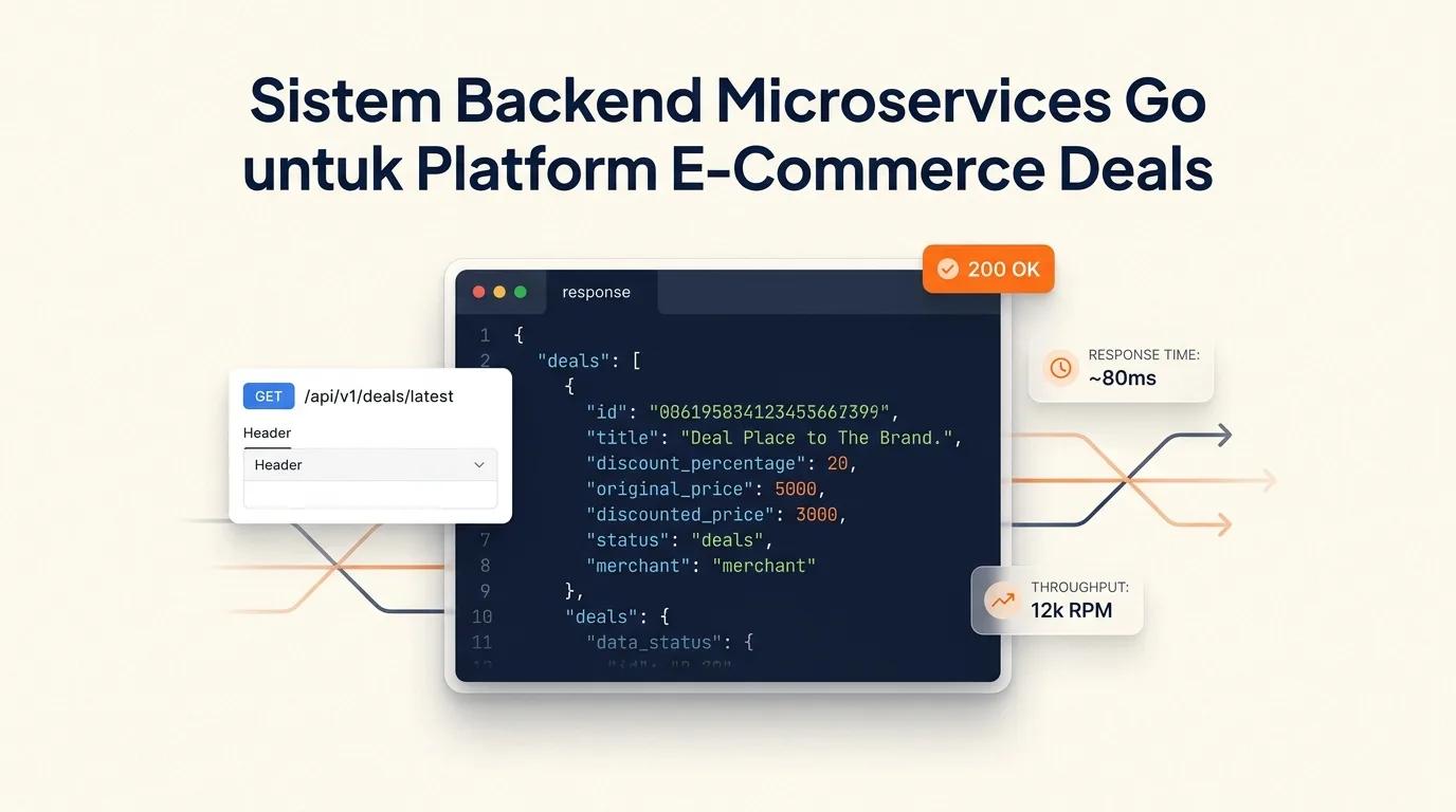 Cover Sistem Backend Microservices menampilkan mockup editor kode dan request API dengan aksen visual aliran data