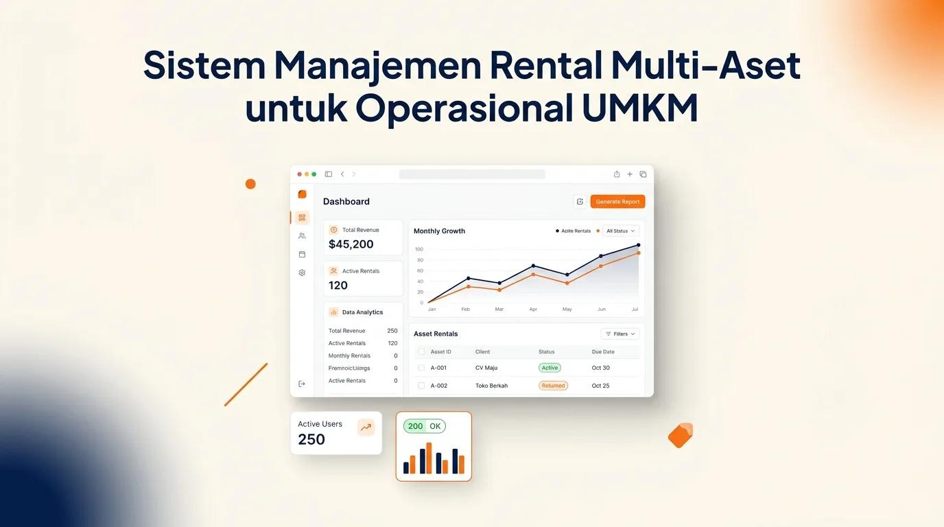 Cover Sistem Manajemen Rental menampilkan mockup dashboard analitik dan antarmuka tabel jadwal penyewaan aset