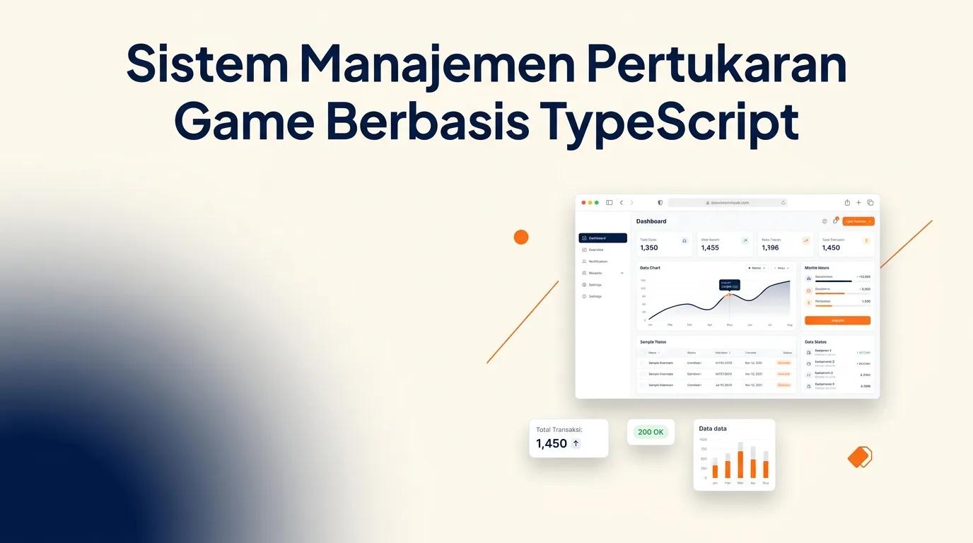 Cover Sistem Manajemen Pertukaran Game menampilkan dashboard analitik dan mockup browser dengan antarmuka pencatatan