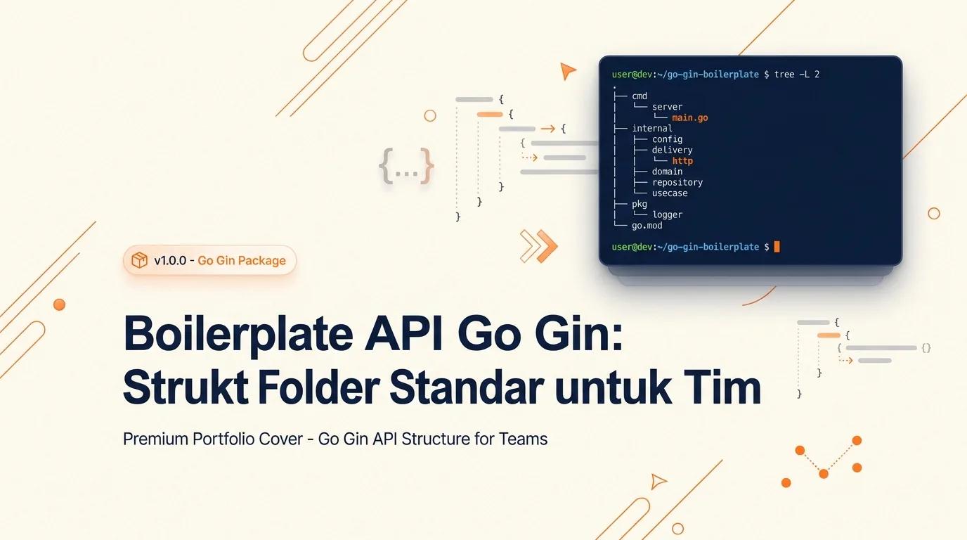Cover Boilerplate API Go Gin menampilkan mockup terminal dengan struktur direktori kode yang rapi