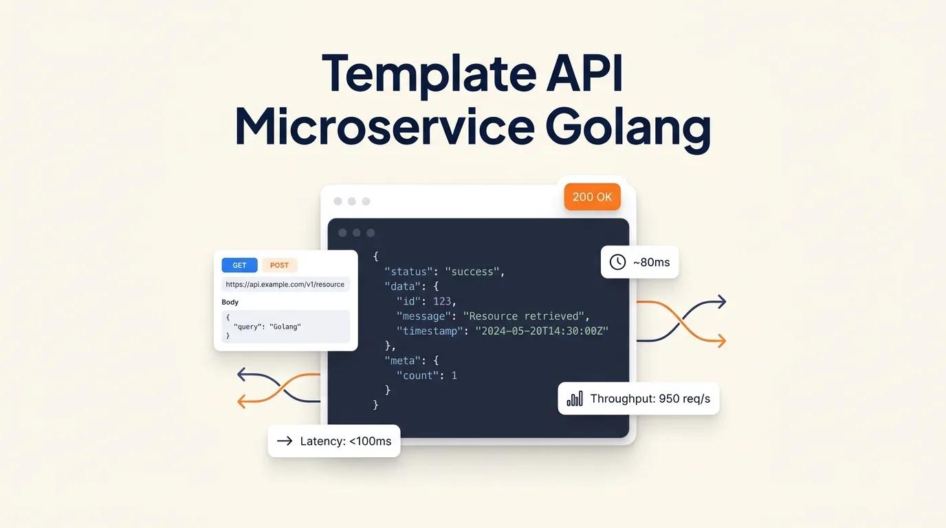 Cover Template API Microservice menampilkan mockup editor kode dan respons JSON dengan elemen visual performa backend