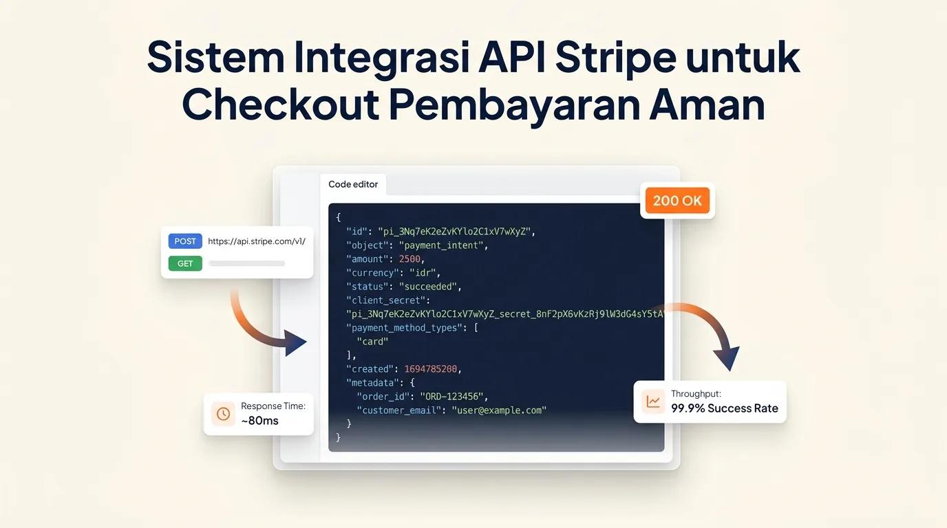 Cover Sistem Integrasi API Stripe menampilkan mockup editor kode dan respons JSON dengan aksen warna oranye