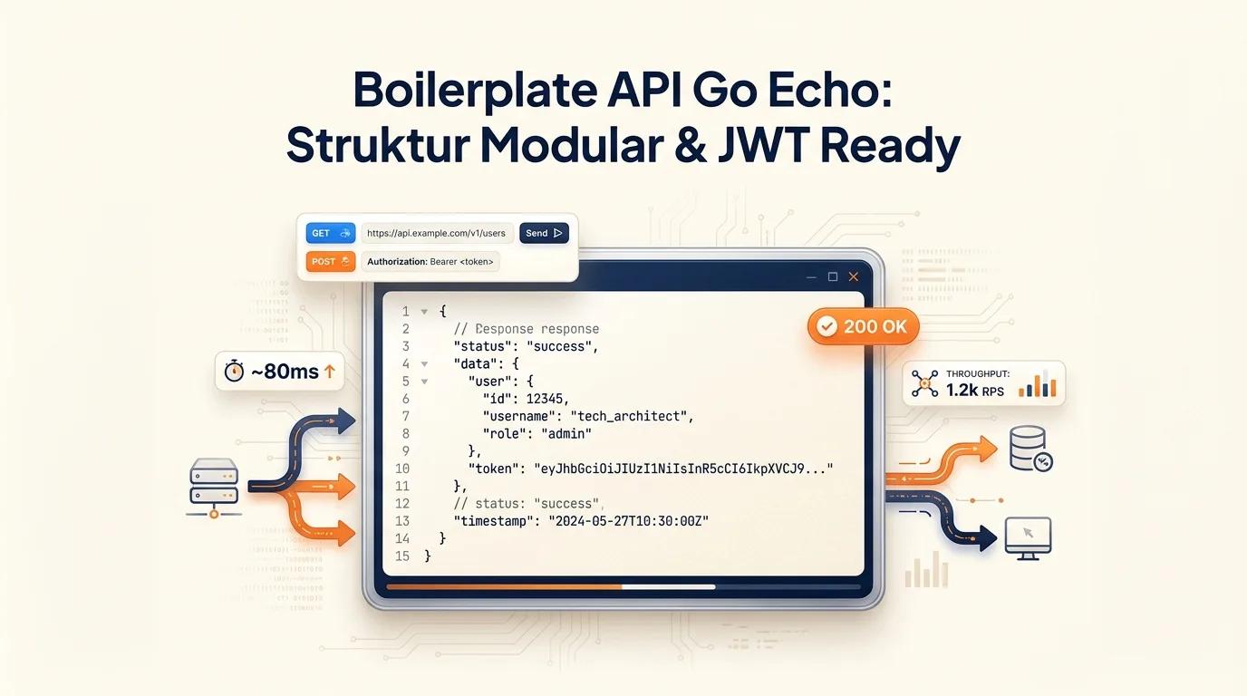 Cover Boilerplate API Go Echo menampilkan mockup code editor dengan respons JSON dan elemen visual pengembangan backend