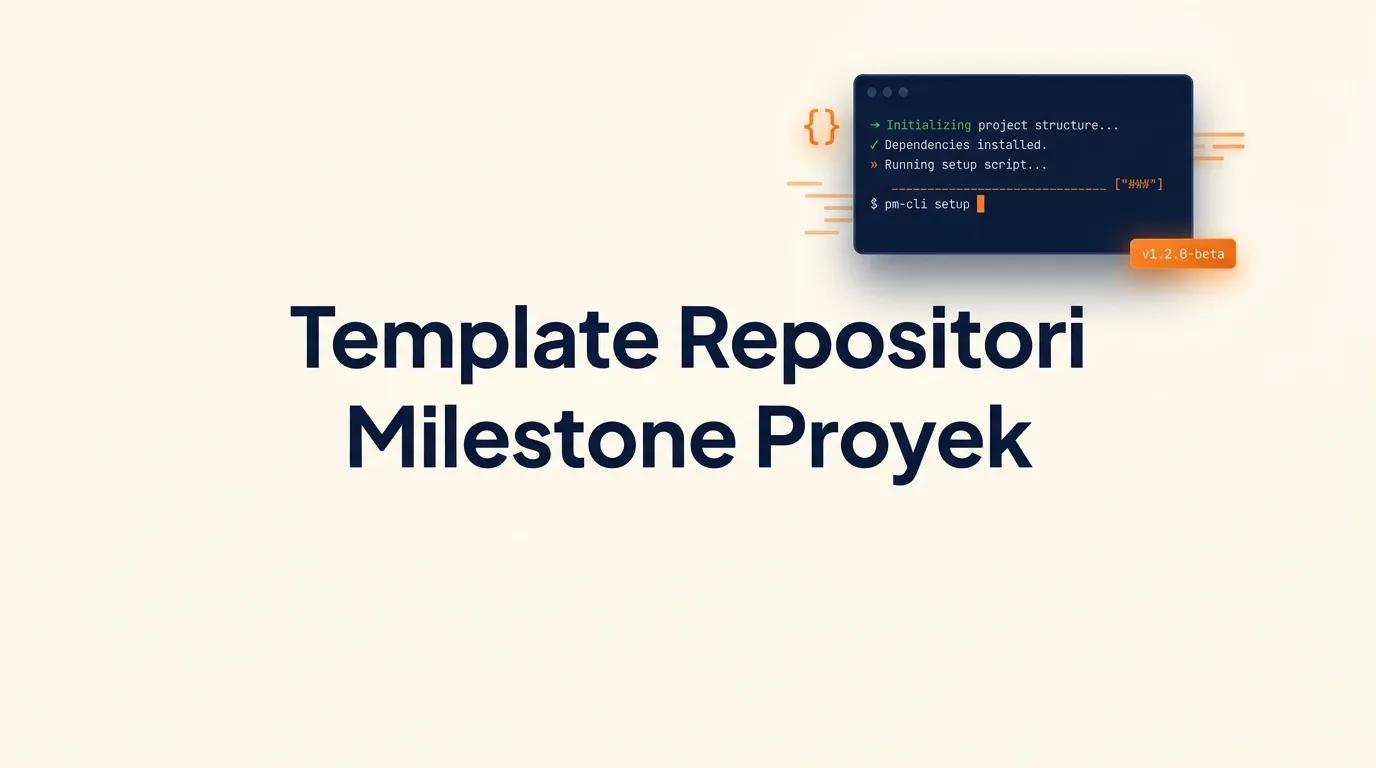 Cover Template Repositori Milestone Proyek menampilkan mockup terminal dengan struktur kode dan aksen oranye