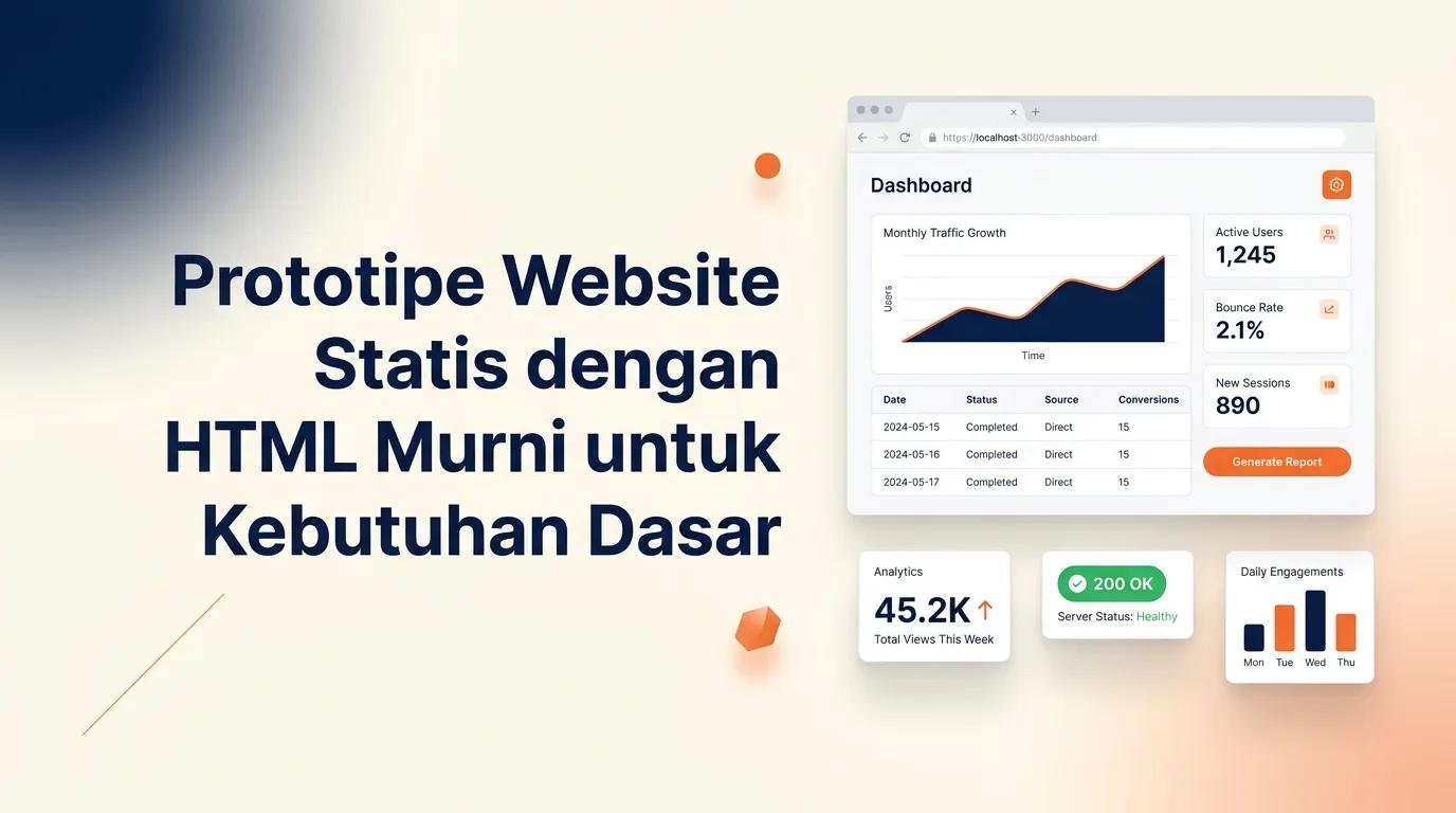 Cover Prototipe Website Statis menampilkan mockup browser dengan antarmuka halaman web bersih dan elemen geometris