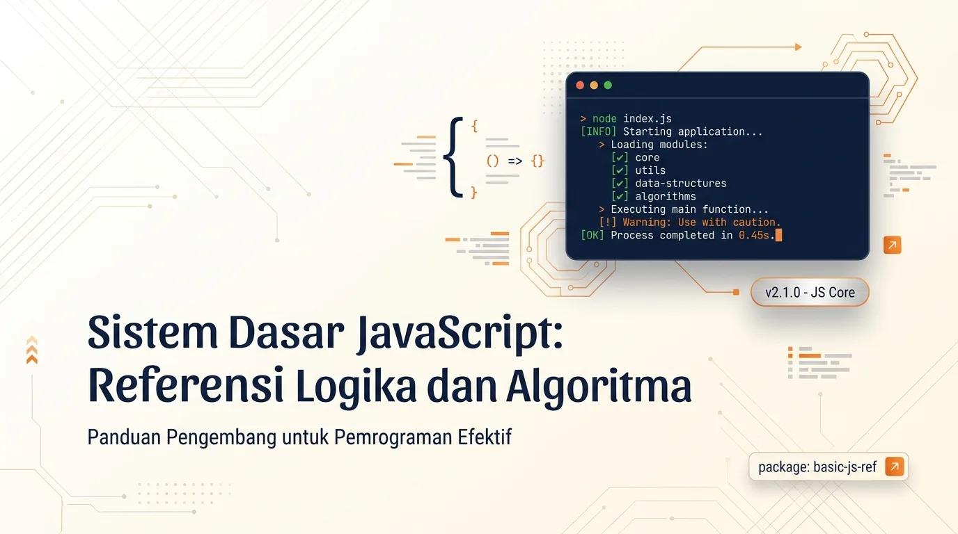Cover Sistem Dasar JavaScript menampilkan mockup terminal dengan cuplikan kode dan aksen geometris oranye