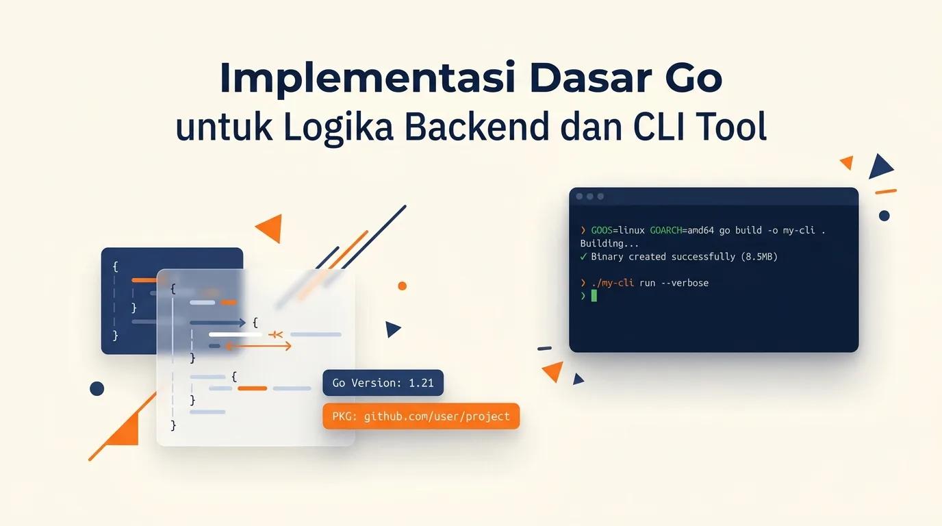 Cover Implementasi Dasar Go menampilkan mockup terminal dengan teks hijau dan aksen oranye