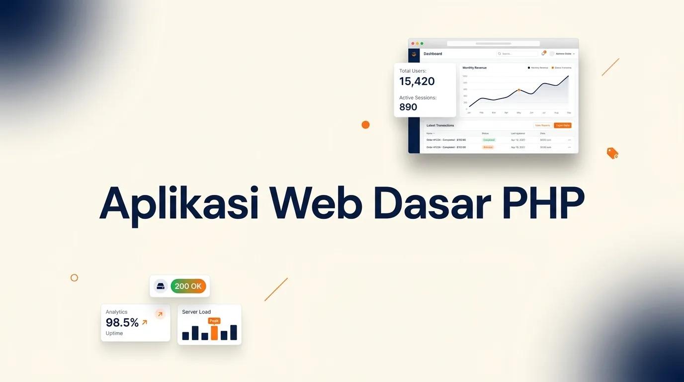 Cover Aplikasi Web Dasar PHP menampilkan mockup browser dengan antarmuka sistem yang bersih dan profesional