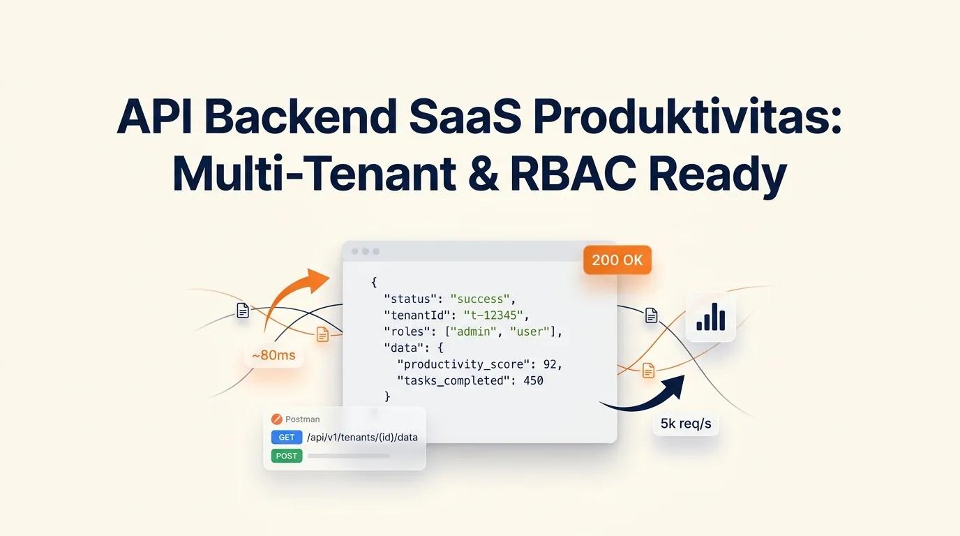 Cover API Backend SaaS Produktivitas menampilkan mockup code editor dengan respons JSON dan elemen metrik performa