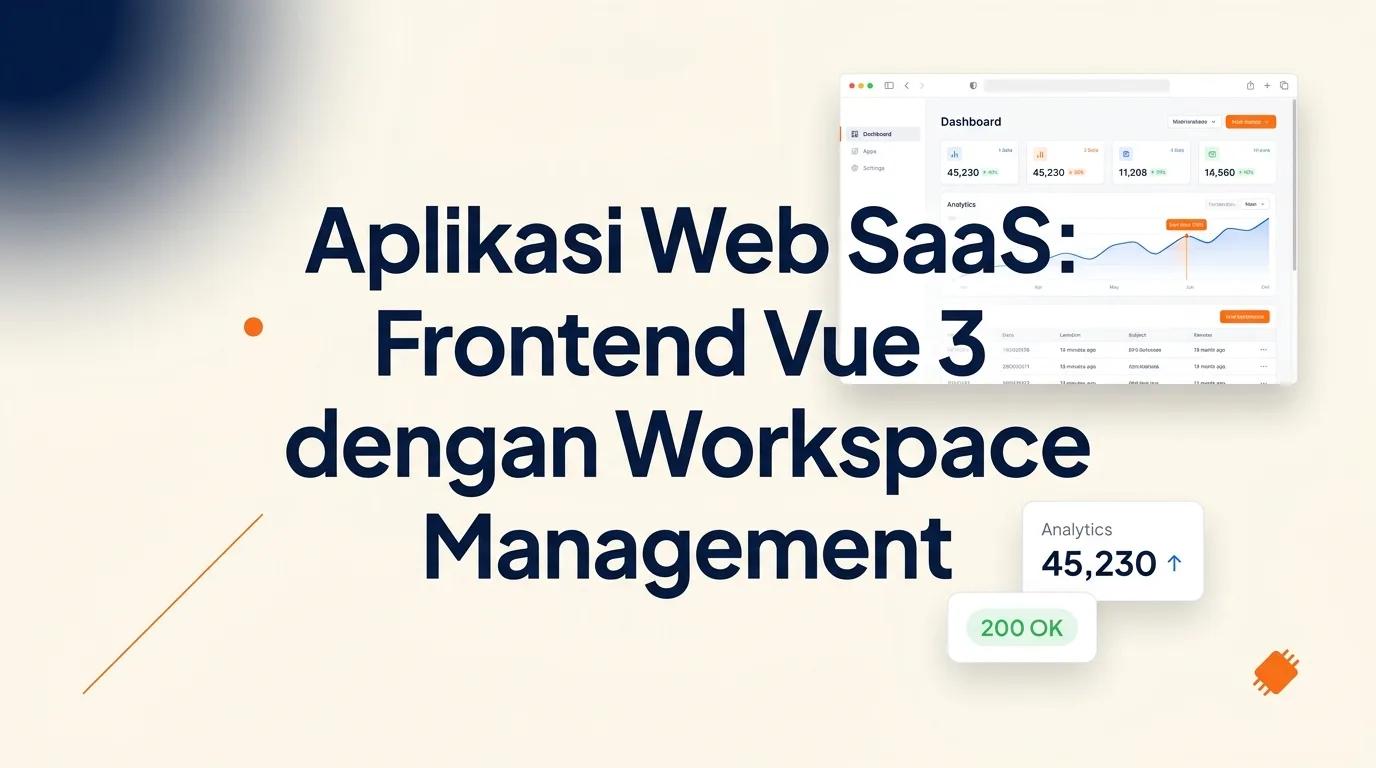 Cover Aplikasi Web SaaS menampilkan mockup browser dengan antarmuka dashboard modern dan elemen analitik