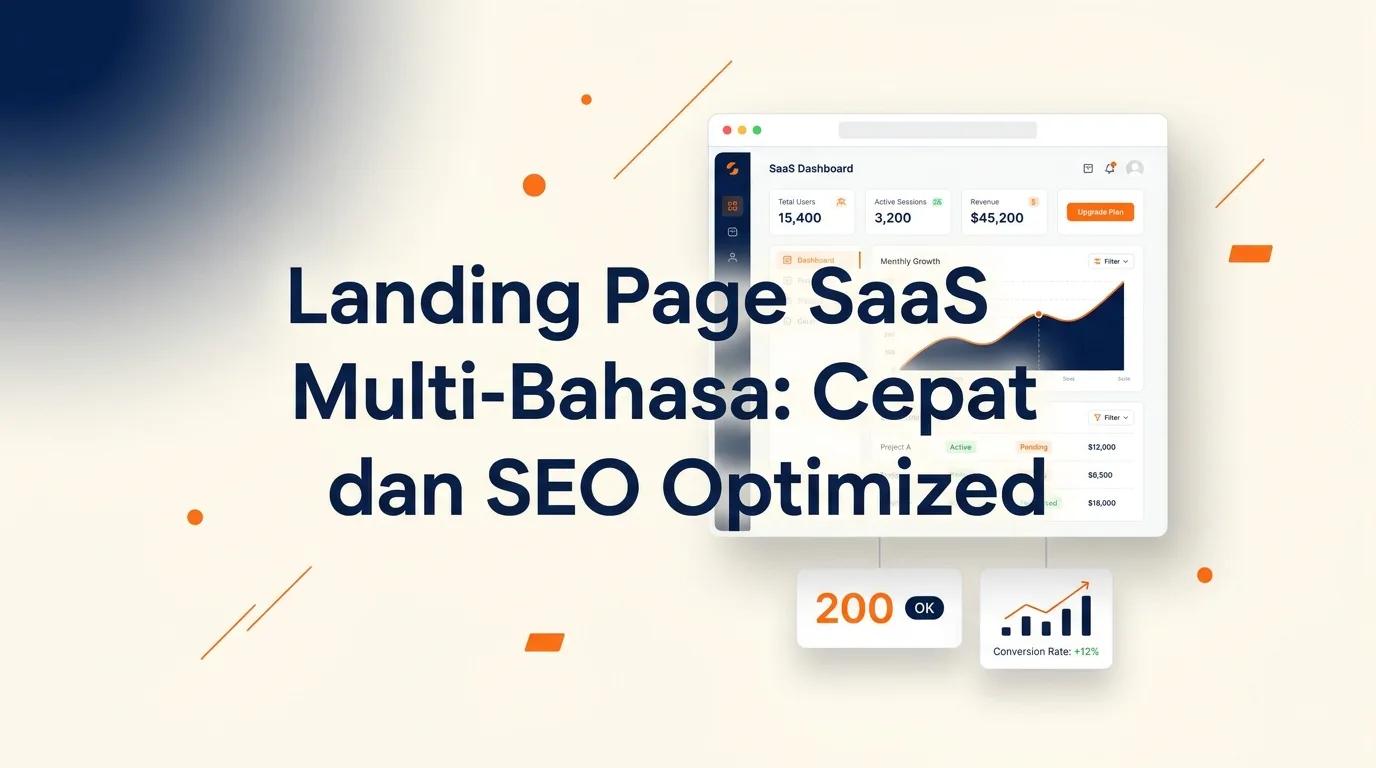 Cover Landing Page SaaS menampilkan mockup browser dengan antarmuka website modern dan metrik analitik