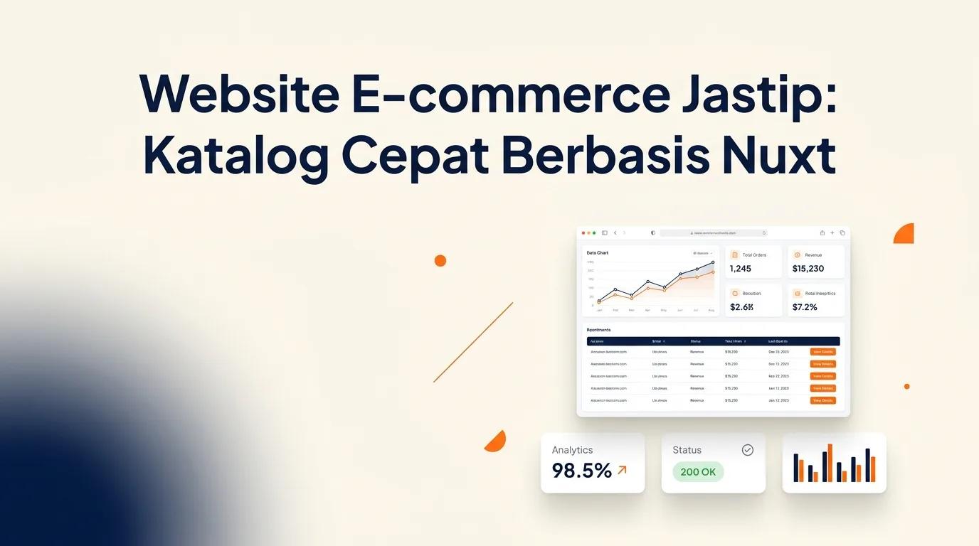 Cover Website E-commerce Jastip menampilkan mockup browser dengan antarmuka katalog produk dan elemen analitik