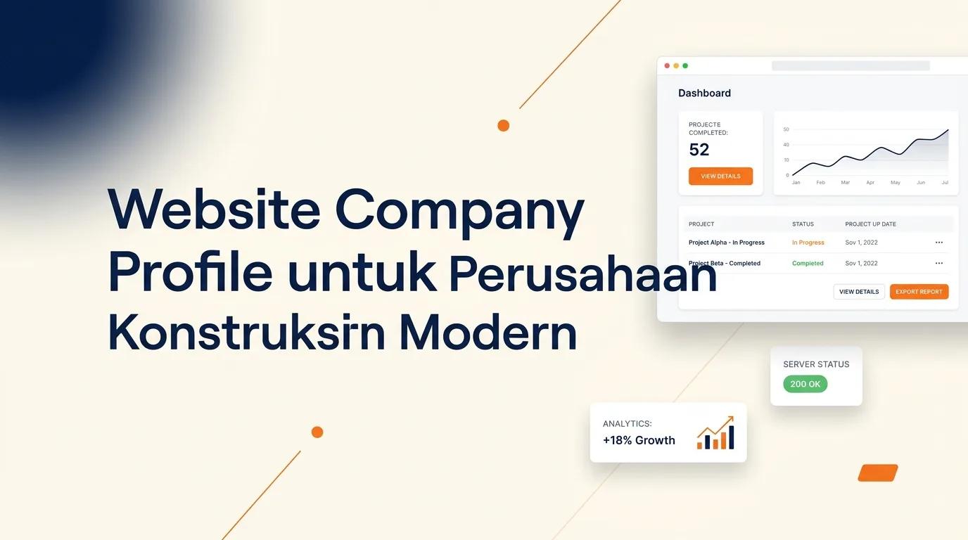 Cover Website Company Profile Konstruksi menampilkan mockup browser web dengan antarmuka halaman profesional