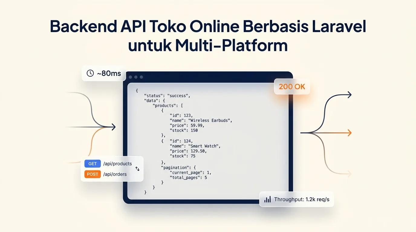 Cover Backend API Toko Online menampilkan mockup editor kode dengan respons JSON dan metrik performa