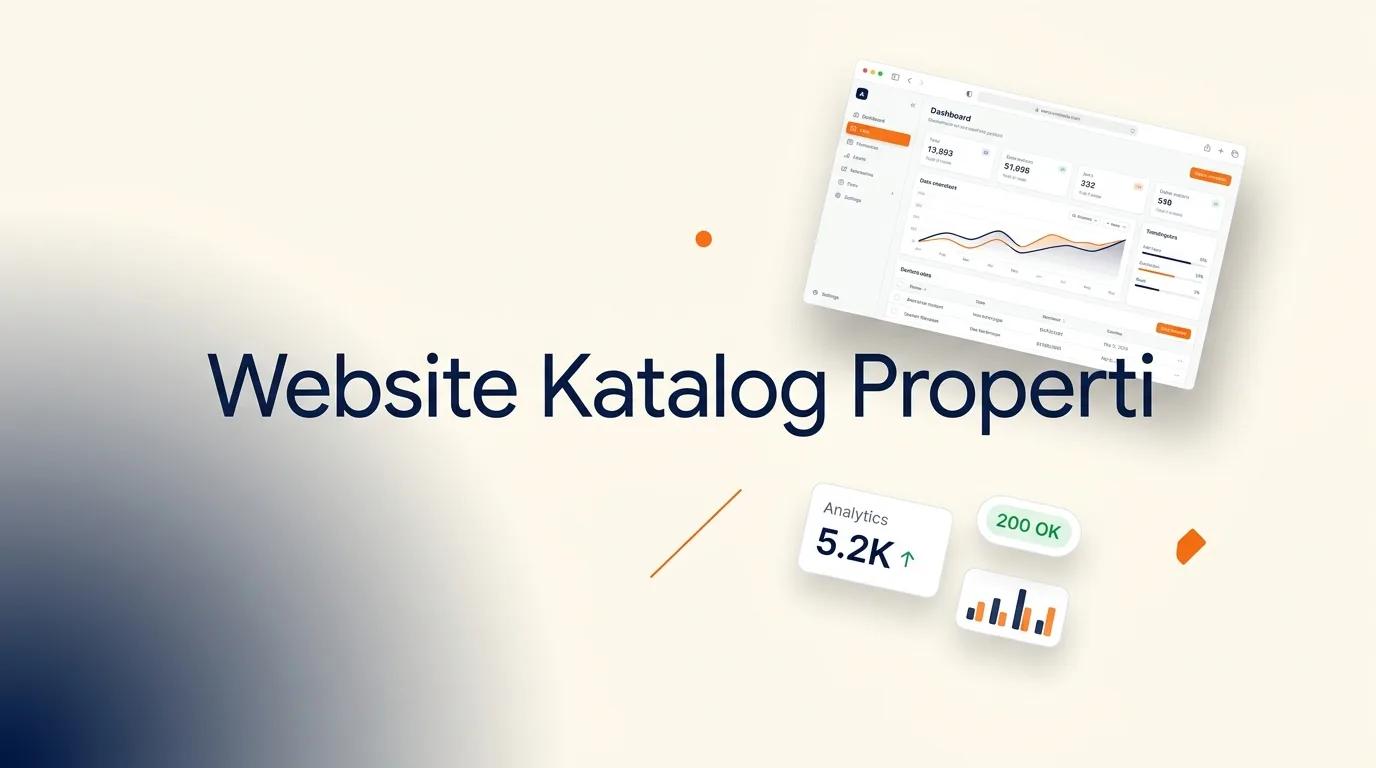 Cover Website Katalog Properti menampilkan mockup browser dengan antarmuka pencarian dan daftar unit rumah