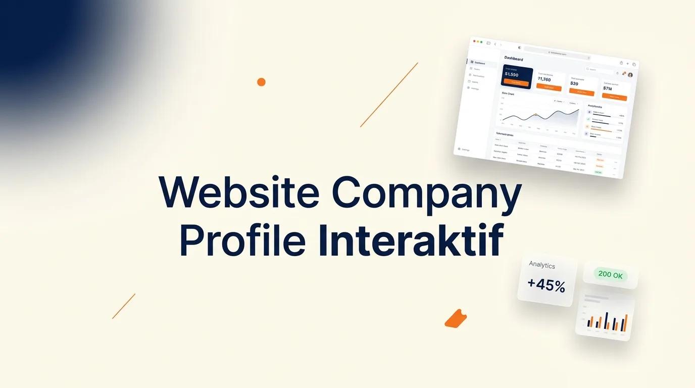 Cover Website Company Profile Interaktif menampilkan mockup browser dengan antarmuka web profesional dan elemen analitik