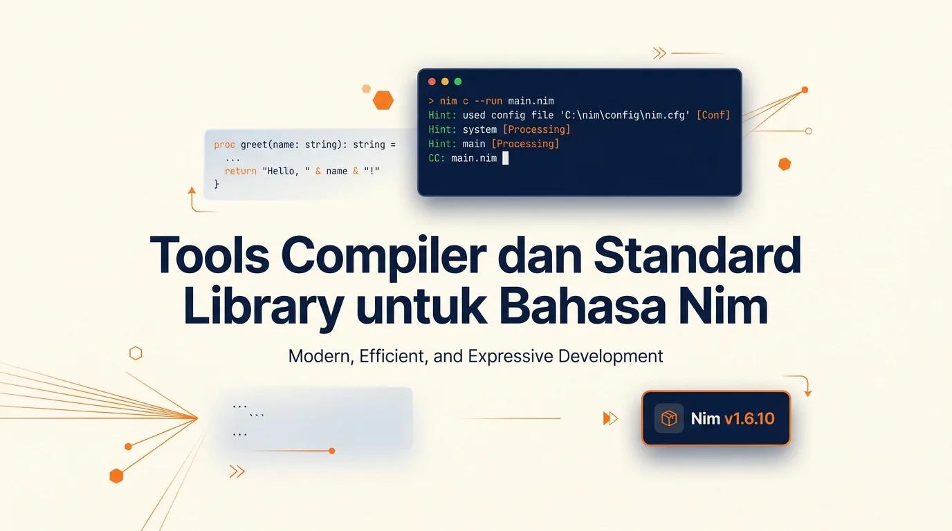Cover Tools Compiler Bahasa Nim menampilkan mockup terminal dengan output proses build dan elemen grafis oranye