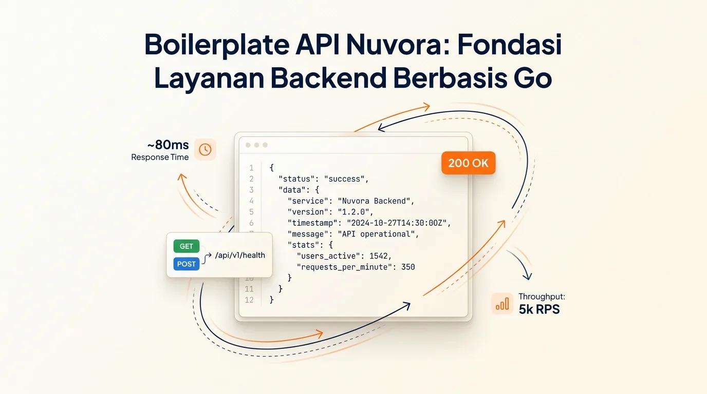 Cover Boilerplate API Nuvora menampilkan mockup editor kode dan metrik respons API dengan aksen warna oranye dan navy