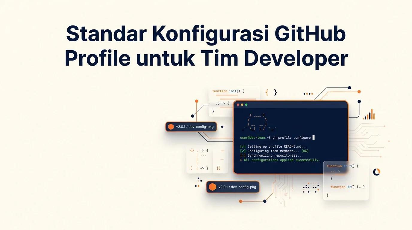 Cover Standar Konfigurasi GitHub Profile menampilkan mockup terminal dengan output kode minimalis dan aksen oranye