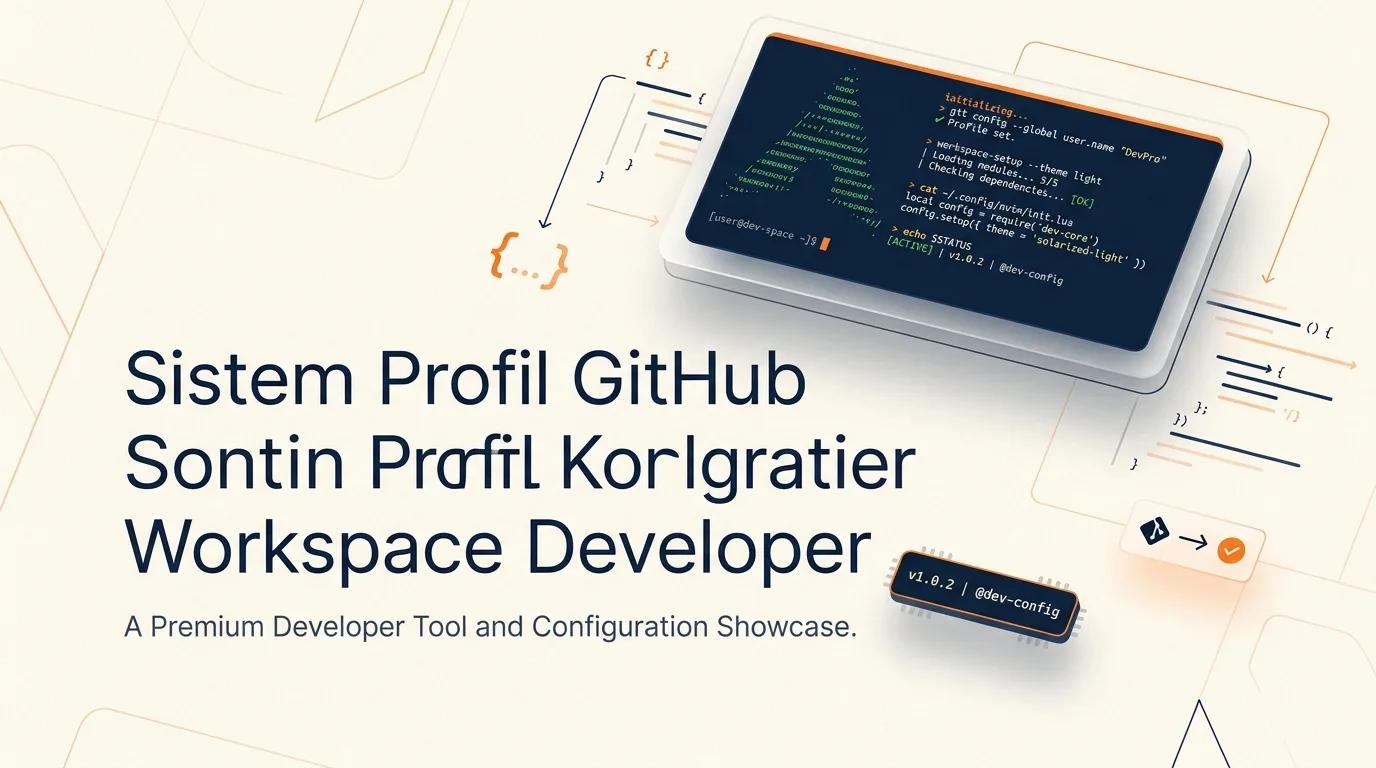 Cover Sistem Profil GitHub menampilkan mockup terminal dengan konfigurasi workspace developer