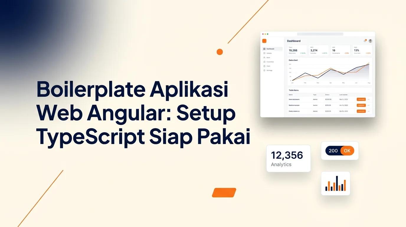 Cover Boilerplate Aplikasi Angular menampilkan mockup browser dengan antarmuka web modern dan elemen analitik.