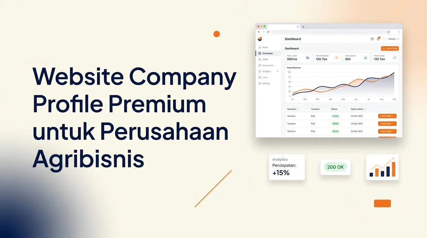 Cover Website Company Profile Premium menampilkan mockup browser dengan desain elegan dan elemen navigasi interaktif