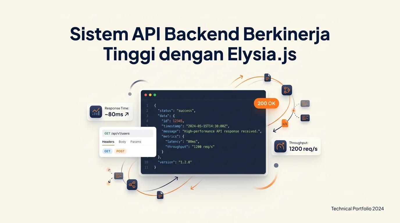 Cover Sistem API Backend menampilkan mockup code editor dengan response JSON dan indikator performa tinggi